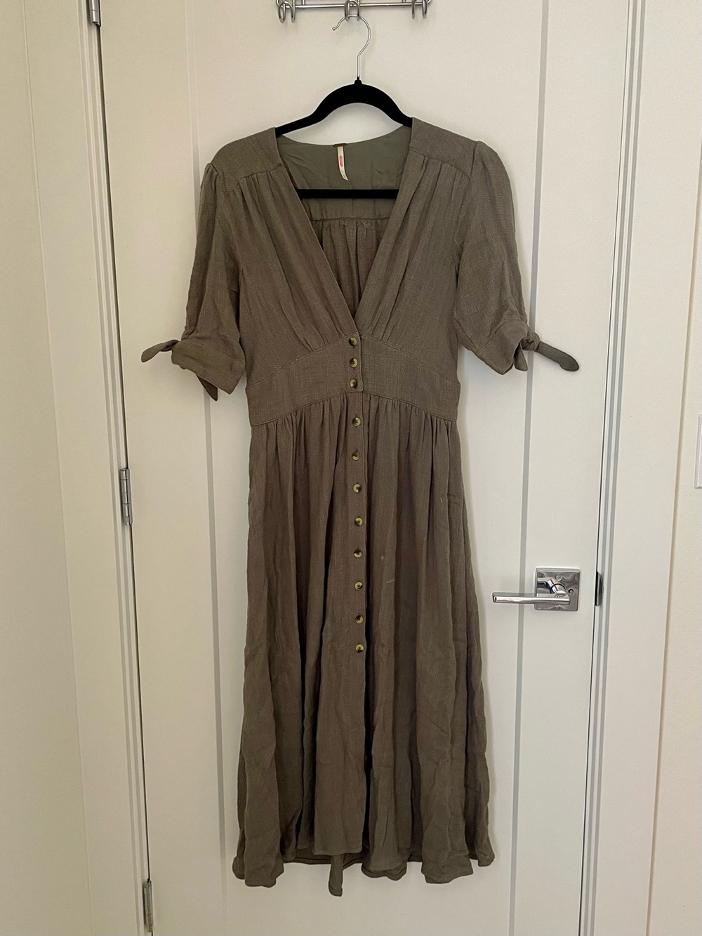 Free People Taupe Button-Front V-Neck Midi Dress